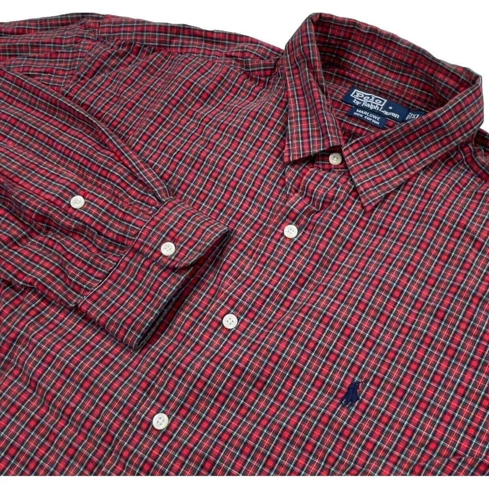 Polo Ralph Lauren Shirt Men XL Red Blue Button Up Plaid Dress Marlowe Tartan A39